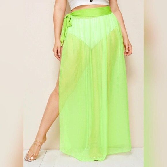 Neon Cover Up High Slit Sheer Beach Skirt - Picture 4 of 5